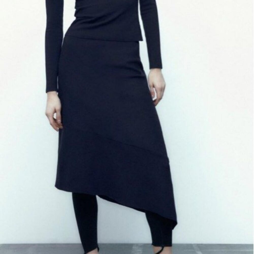 NWT New Zara Asymmetrical Ribbed Knit Navy Viscose Skirt Size L - Picture 2 of 7